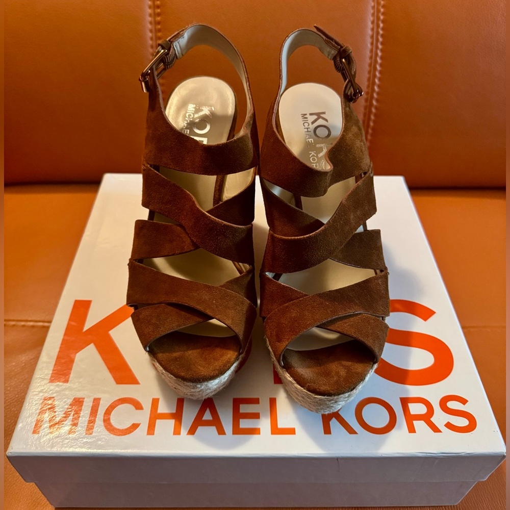 KORS Michael Kors Multi Strap Brown Suede Espadrille Wedge Platform Sandals 8M